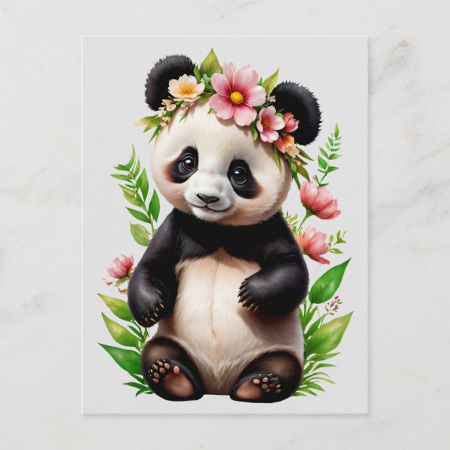 Genomskinlig Panda Björn Med Blommor Vykort (Framsida)
