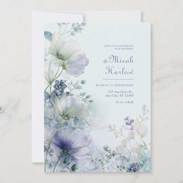 Genomskinlig Periwinkle Dim Botanisk Kant Inbjudningar (Framsida)