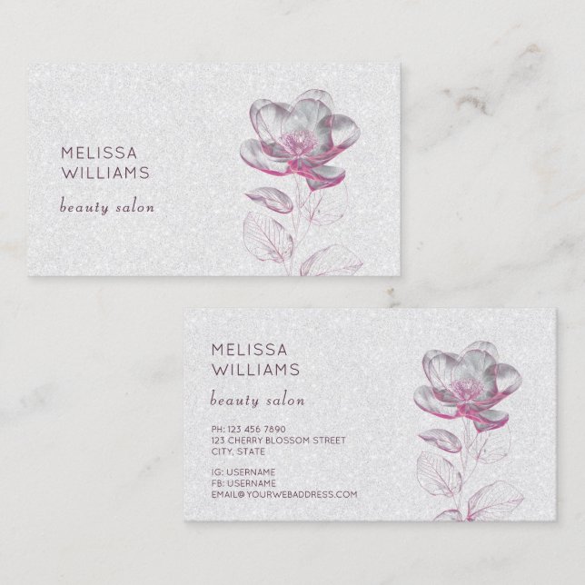 Genomskinlig Rosa Blank Metallisk Blomma Visitkort (Fram/baksida)
