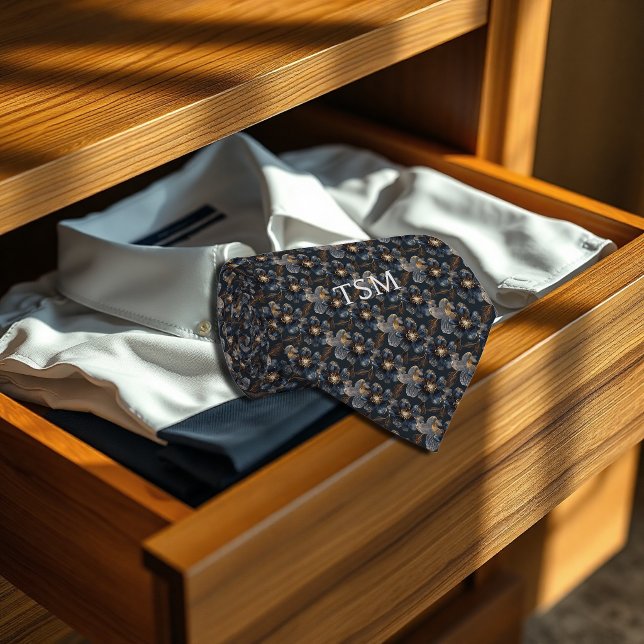 Genomskinligt mörkblått blomster monogram initiale slips (Translucent Dark Blue Floral Monogram Initials Neck Tie)