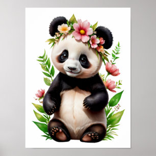 Genomskinligt pandabjörn med blommor poster