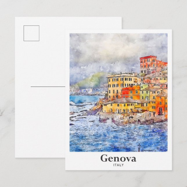 Genova Italien Travel Watercolor Sketch Hand plock Vykort (Fram/baksida)