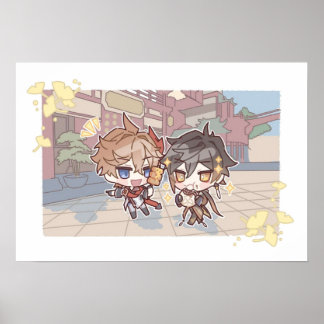 Genshin Impact Chibi A Date of Childe and Zhongli Poster