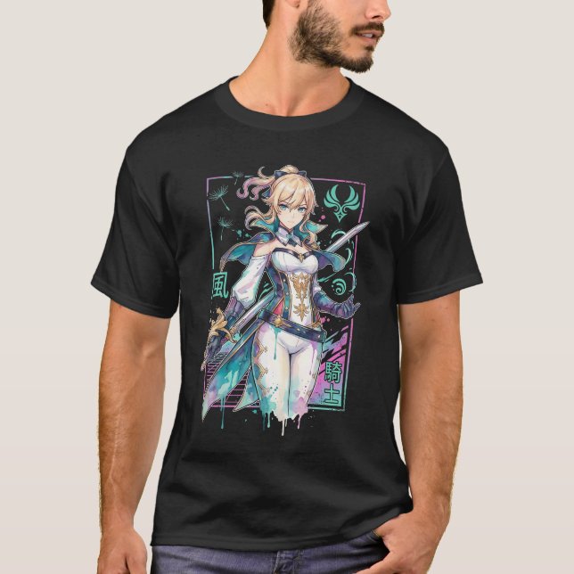 Genshin Impact Jean Vit Blå Outfit Favonian Dev T Shirt (Framsida)