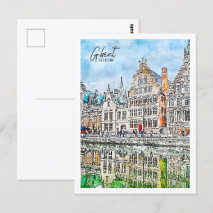 Gent Belgium Travel Ställe Watercolor Vykort