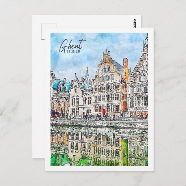 Gent Belgium Travel Ställe Watercolor Vykort (Fram/baksida)