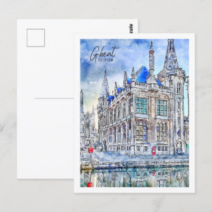 Gent Belgium Travel Ställe Watercolor Vykort
