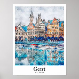 Gent Belgium Travel Watercolor Hand plockade Poster