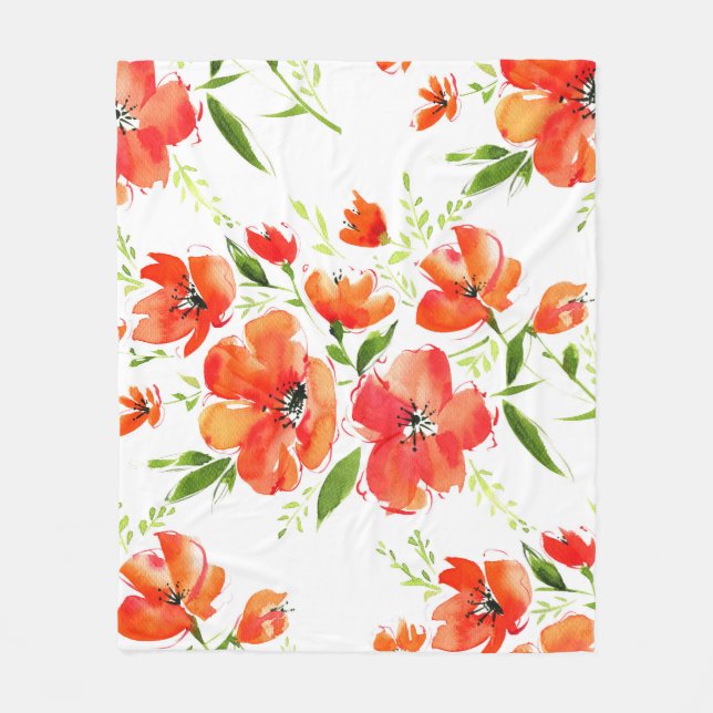 Gentemot Orange Poppies Watercolor Mönster Fleecefilt (Framsidan)