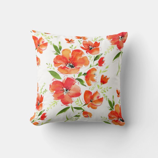 Gentemot Orange Poppies Watercolor Mönster Kudde (Framsida)