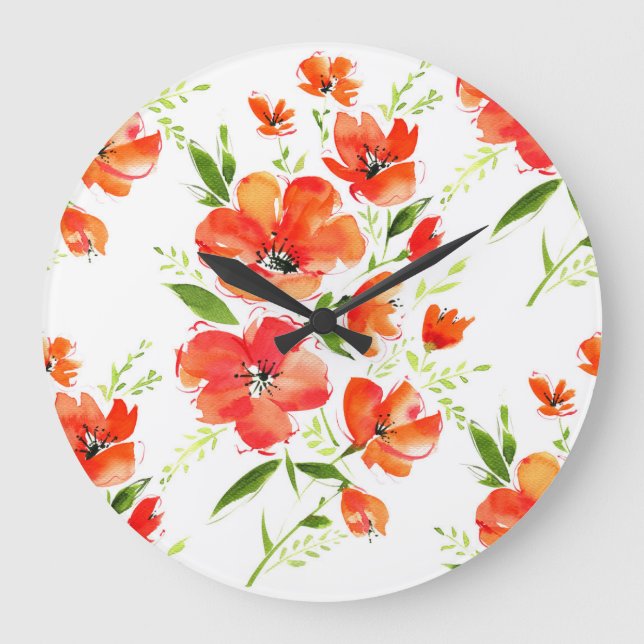 Gentemot Orange Poppies Watercolor Mönster Stor Klocka (Framsida)
