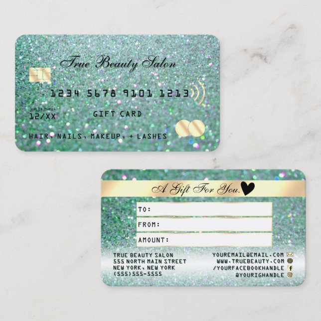 Genterkort för Sparkly Teal Grönt Guld Glitter Kre Visitkort (Fram/baksida)