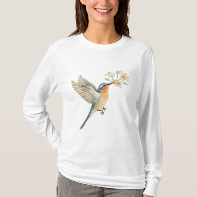 Gentle Bird Offering Flowers Watercolor Tee (Framsida)