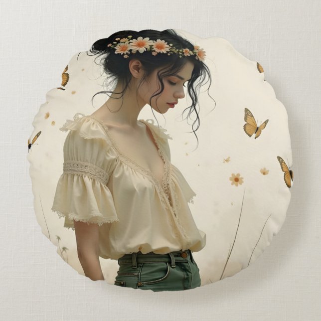 Gentle Elegance in a Butterfly Dance Rund Kudde (Framsidan)