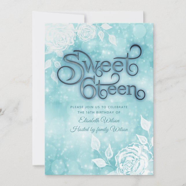 Gentle elegant bokeh vit ros sweet sixteen inbjudningar (Framsida)
