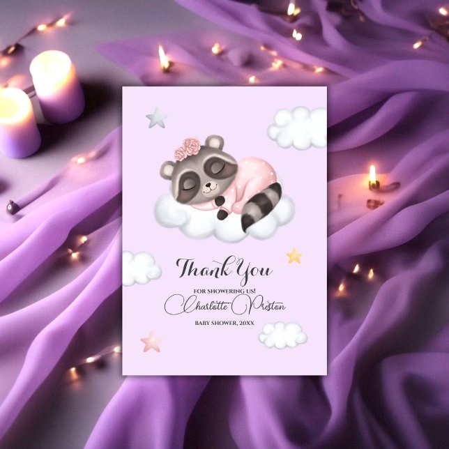 Gentle Flicka Raccoon Lilac Baby Shower Tack Kort (Gentle Baby Raccoon Animal Girl Baby Shower Thank You Card)