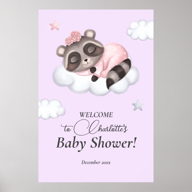 Gentle Flicka Raccoon Lilac Baby Shower Välkommen Poster (Framsidan)
