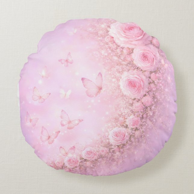 Gentle Floral Pattern – Soft Pink Roses with Soft  Rund Kudde (Framsidan)