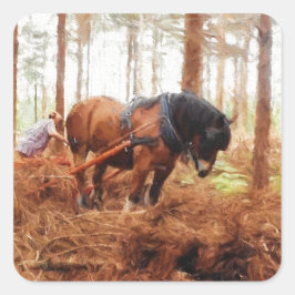 Gentle Giant - Draft Horse Hauling Logs in Forest Fyrkantigt Klistermärke