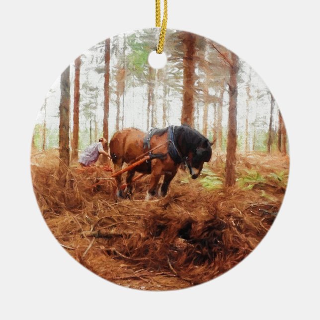 Gentle Giant - Draft Horse Hauling Logs in Forest Julgransprydnad Keramik (Framsidan)