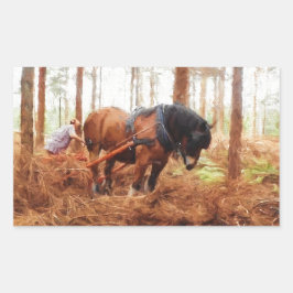 Gentle Giant - Draft Horse Hauling Logs in Forest Rektangulärt Klistermärke