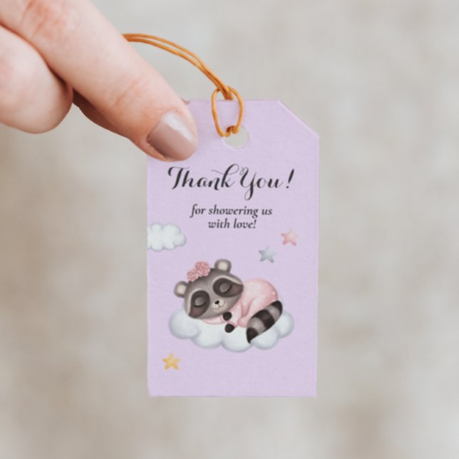Gentle Girl Raccoon Lilac Baby Shower Tack Presentetikett (Skapare uppladdad)