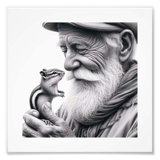 Gentle Keeper: Äldre man med Chipmunk Wall Art Fototryck (Framsidan)