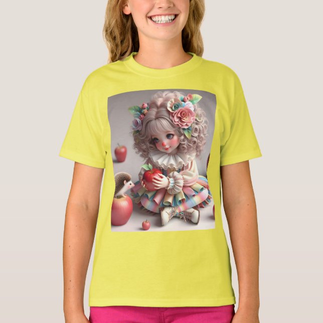 Gentle Little Girl med Hedgehog och Apples T Shirt (Framsida)
