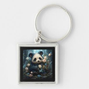 Gentle Panda Bear bland Jungle Ro Fyrkantig Silverfärgad Nyckelring