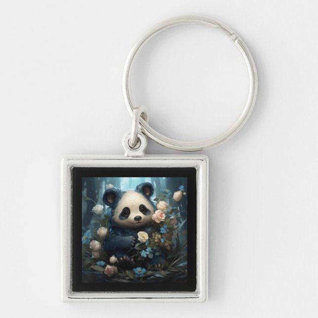 Gentle Panda Bear bland Jungle Ro Fyrkantig Silverfärgad Nyckelring (Framsidan)
