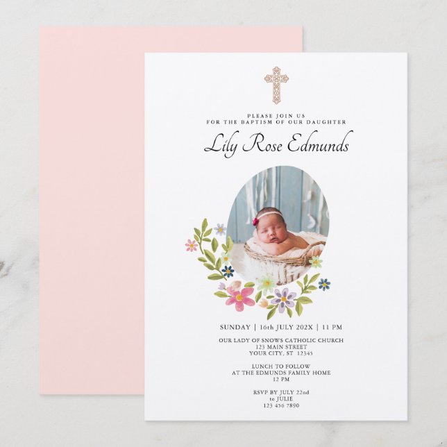 Gentle Pink Floral Baptism Invitation Inbjudningar (Fram/baksida)