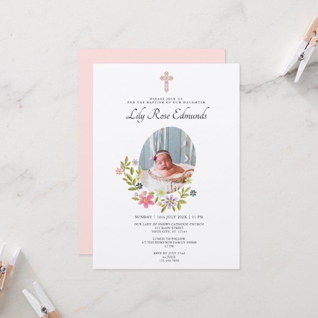 Gentle Pink Floral Baptism Invitation Inbjudningar (Fram/Back In Situ)