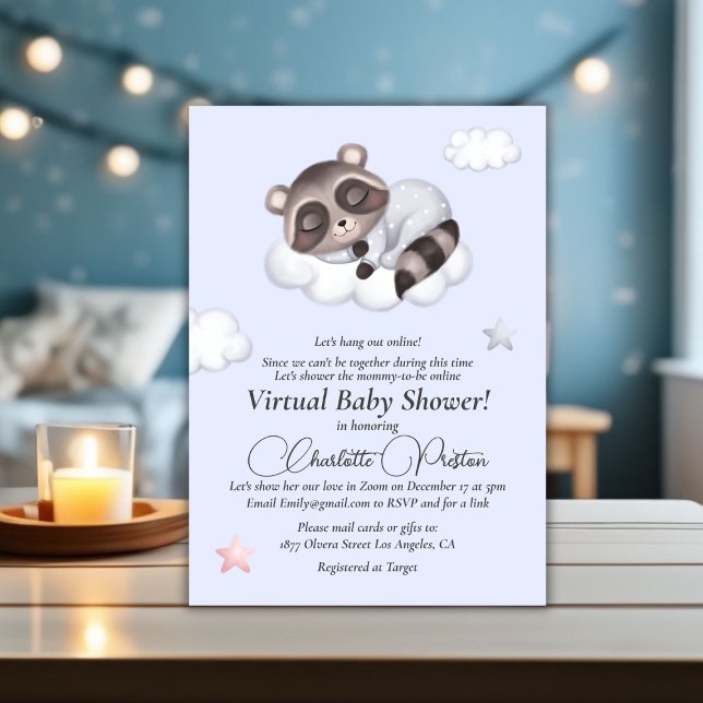 Gentle Pojke Raccoon Blue Baby Shower Virtuell Inbjudningar (Gentle Baby Boy Raccoon Blue Baby Shower Virtual Invitation)