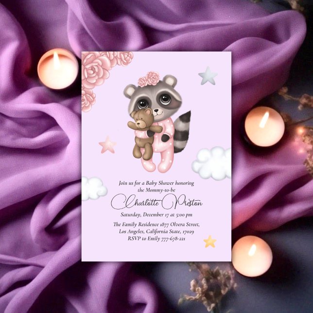 Gentle Raccoon Animal Baby Shower Inbjudningar (Gentle Raccoon Animal Girl Baby Shower Invitation)