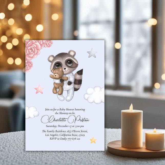 Gentle Raccoon Animal Blue Baby Shower Inbjudningar (Gentle Raccoon Animal Blue Baby Shower Invitation)