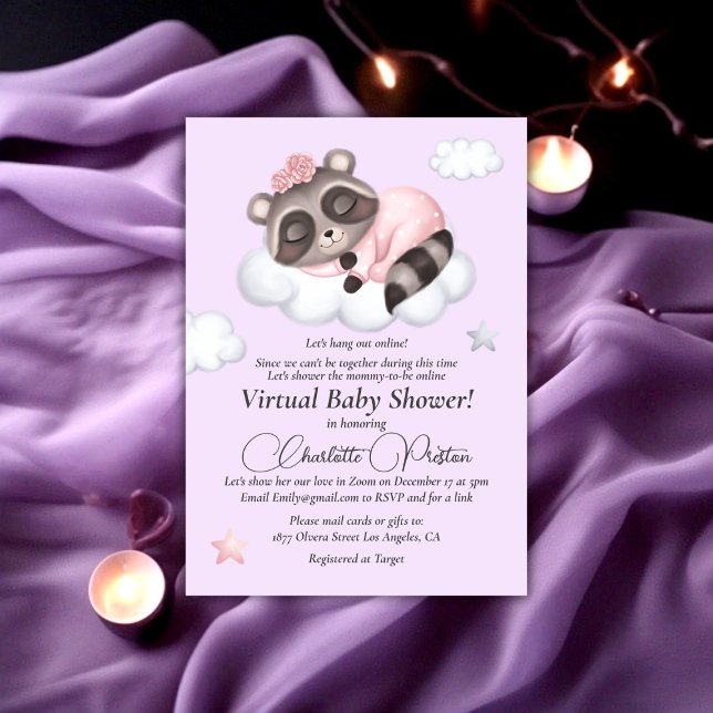Gentle Raccoon Animal Girl Baby Shower Virtuell Inbjudningar (Gentle Raccoon Animal Girl Baby Shower Virtual Invitation)