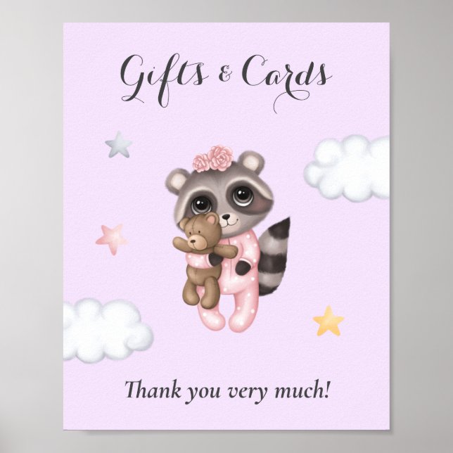 Gentle Raccoon Lilac Baby Shower Gifts & Cards Poster (Framsidan)