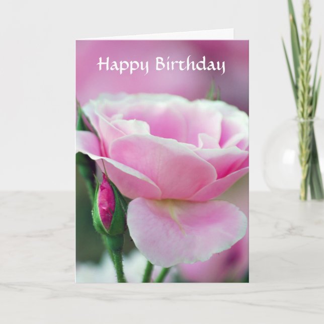 Gentle rosa ros och ro buds grattis på födelsedage kort (Framsida)