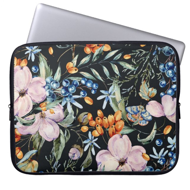 Gentle Watercolor: Rosa Blommigt Berries Laptop Fodral (Framsidan)