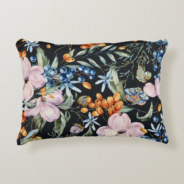 Gentle Watercolor: Rosa Blommigt Berries Prydnadskudde (Framsidan)