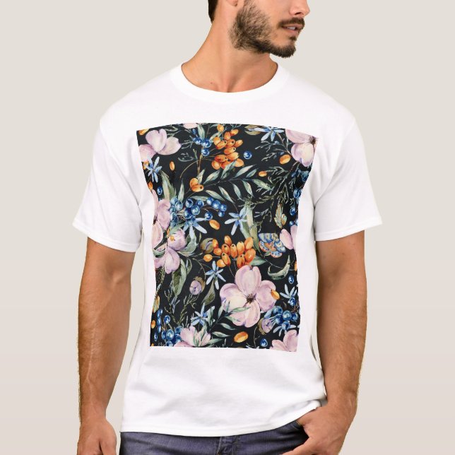 Gentle Watercolor: Rosa Blommigt Berries T Shirt (Framsida)