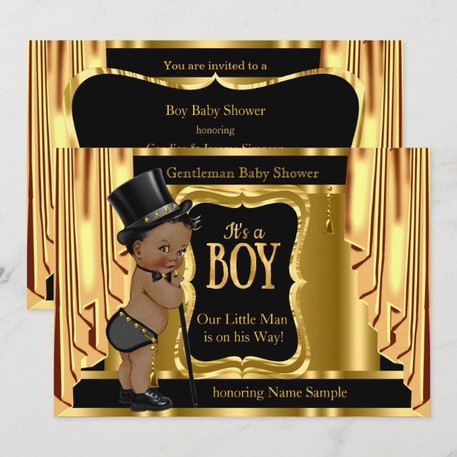 gentleman Baby Shower Black Guld Drapes Ethnic Inbjudningar (Fram/baksida)