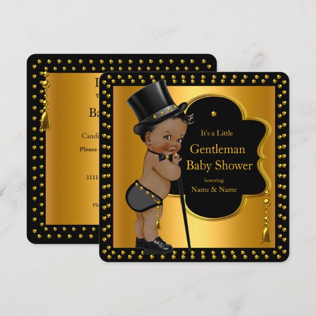 gentleman Baby Shower Boy Tophat Käpp Ethnic Inbjudningar (Fram/baksida)