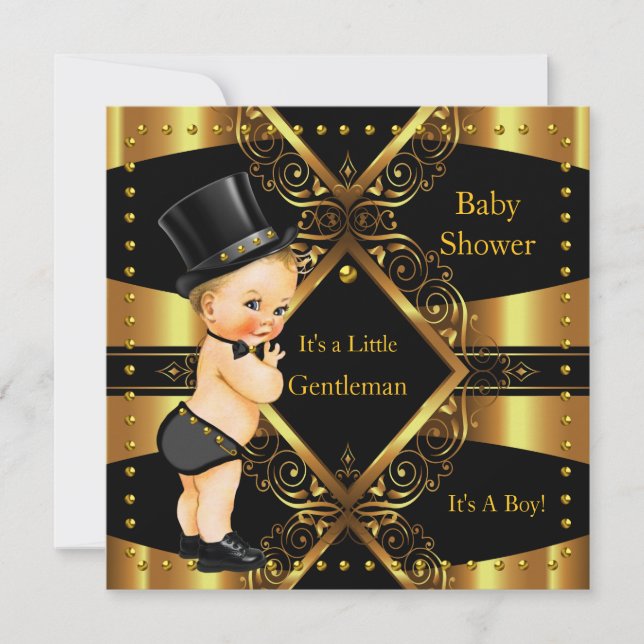 gentleman Baby Shower Guld Boy Tophat Blonde Inbjudningar (Framsida)
