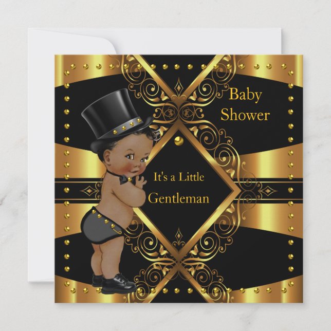 gentleman Baby Shower Guld Boy Tophat Ethnic Inbjudningar (Framsida)