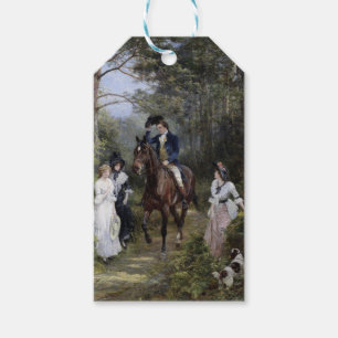 gentleman on Horseback med Dam i en skog Presentetikett