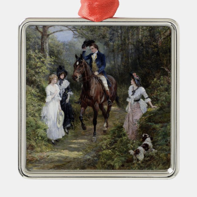 gentleman on Horseback Meeting Dam i en skog Julgransprydnad Metall (Framsidan)