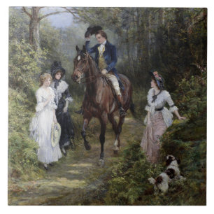 gentleman on Horseback Meeting Dam i en skog Kakelplatta