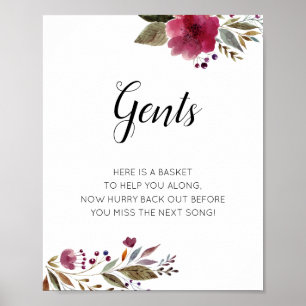 Gents Manar Bathroom Basket Sign Burgundy Flowers Poster