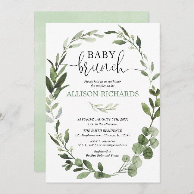 Genusneutral baby brunch eucalyptus foliage inbjudningar (Fram/baksida)